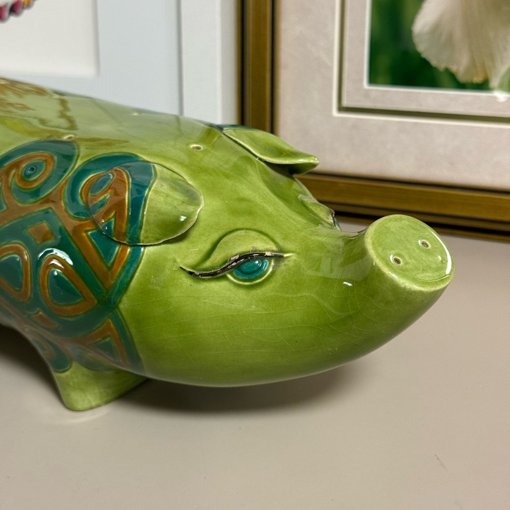 Green Ceramic Decorative Pig Figurine with Teal Accents - Picture 16 of 16
